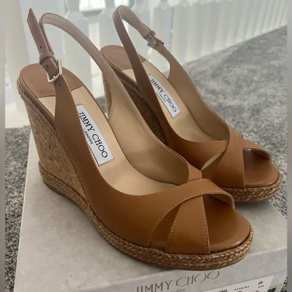 Jimmy Choo Carmel Brown Leather Wedge Sandals - Picture 8 of 13